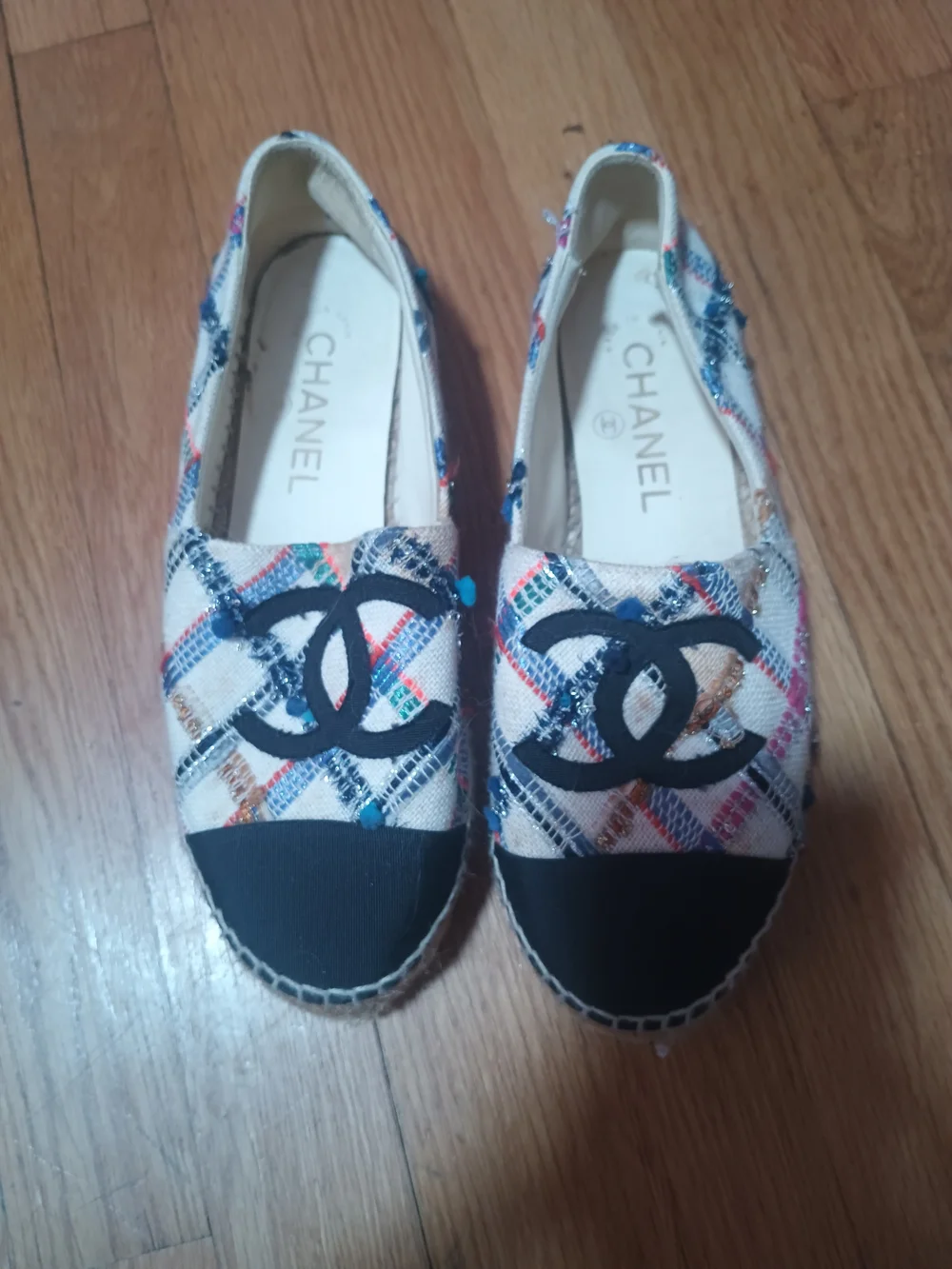 CHANEL Multicolor Tweed Espadrilles with Black Cap Toe